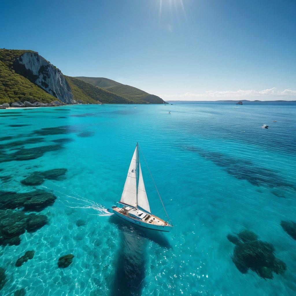 A serene yacht gliding through crystal-clear turquoise waters, surrounded by an expansive horizon dotted with distant islands. Highlight essential components of marine coverage such as a sail with the word 'Coverage' emblazoned on it and symbols like a compass and a lifebuoy in the foreground. The sky is clear with soft sunlight casting shimmering reflections on the water, creating a tranquil yet informative atmosphere. super-realistic. vibrant colors.