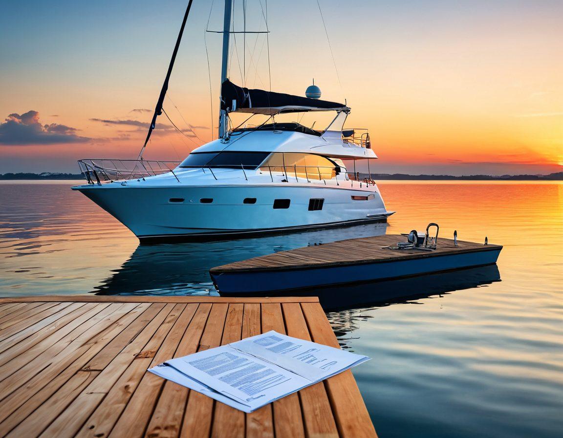 A serene yacht sailing smoothly on tranquil waters, with a wooden dock in the foreground showcasing safety gear. The image captures a peaceful sunset in the background, symbolizing peace of mind. Include subtle icons of legal documents and indemnity shields gently floating around the yacht, representing liability and protection. A blend of calm blues and warm oranges highlights the scene. super-realistic. vibrant colors. 3D.