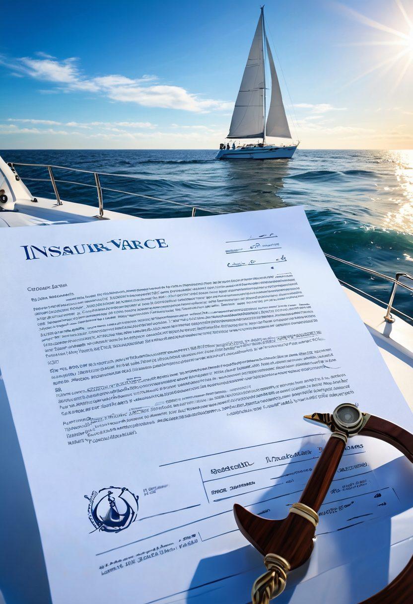 A serene ocean scene featuring a luxurious yacht sailing through gentle waves under a bright blue sky. In the foreground, a detailed insurance document floats on the water, symbolizing protection. Incorporate nautical elements like a compass and life vests around the yacht to enhance the theme of safety and navigation. The sunlight sparkles on the water, giving a sense of tranquility and adventure. super-realistic. vibrant colors. 3D.